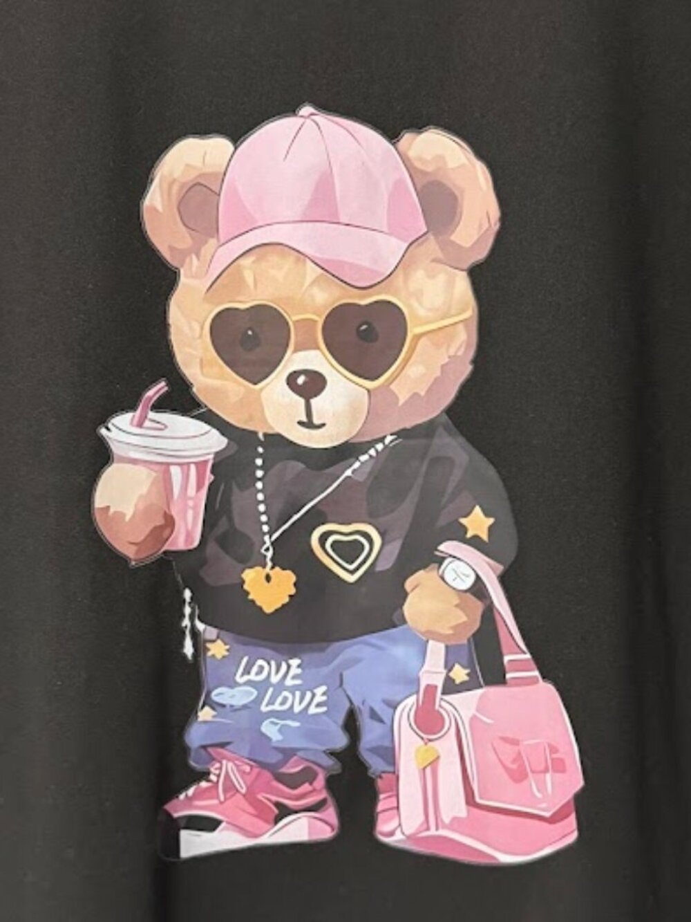 Women's Cute Teddy Bear Graphic Tee Black Casual Oversized T-Shirt - Picture 3 of 4